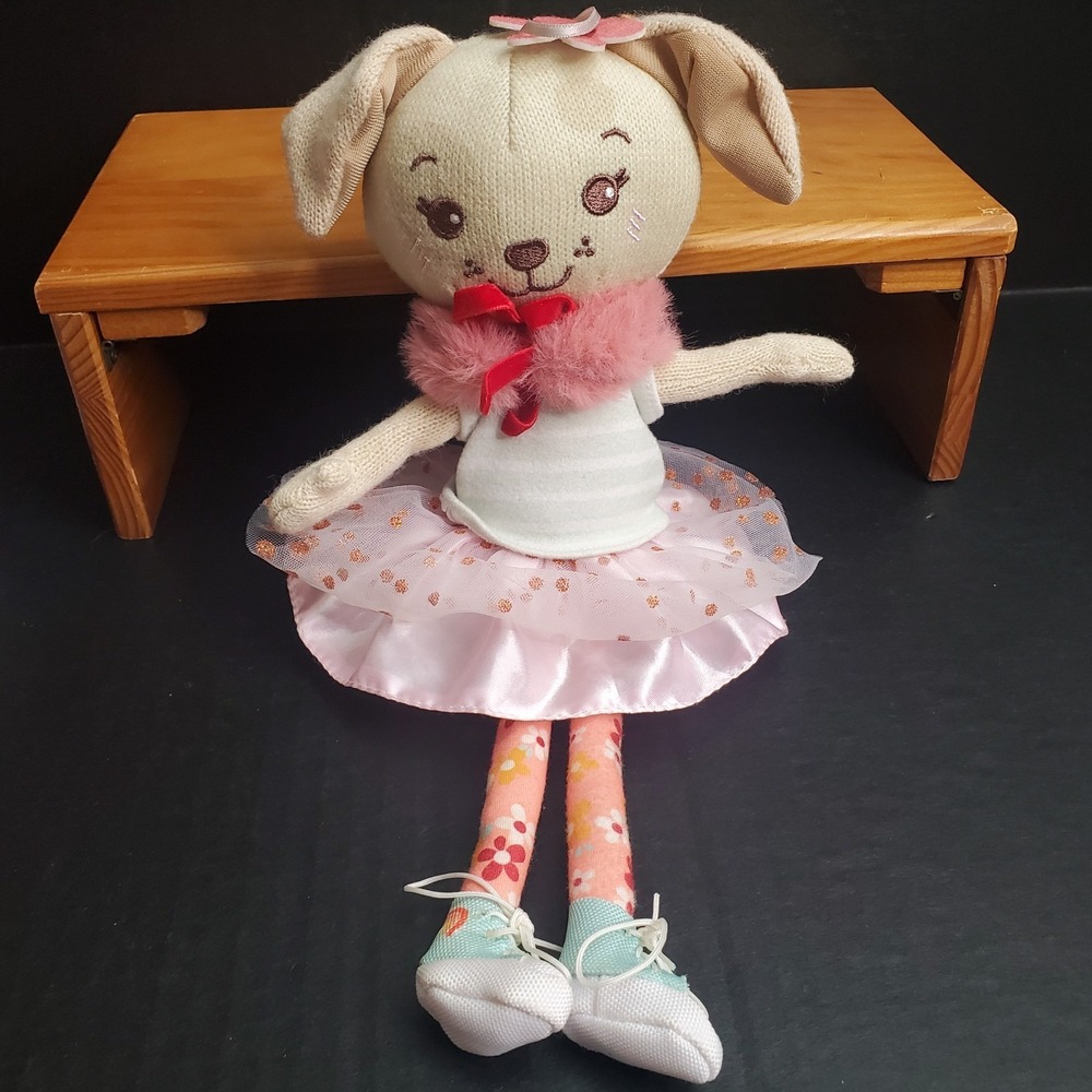 Sunny‎ Days Yarn Knit Dog Doll W/ Pink Floral Bow 12" Tulle Skirt Sneakers